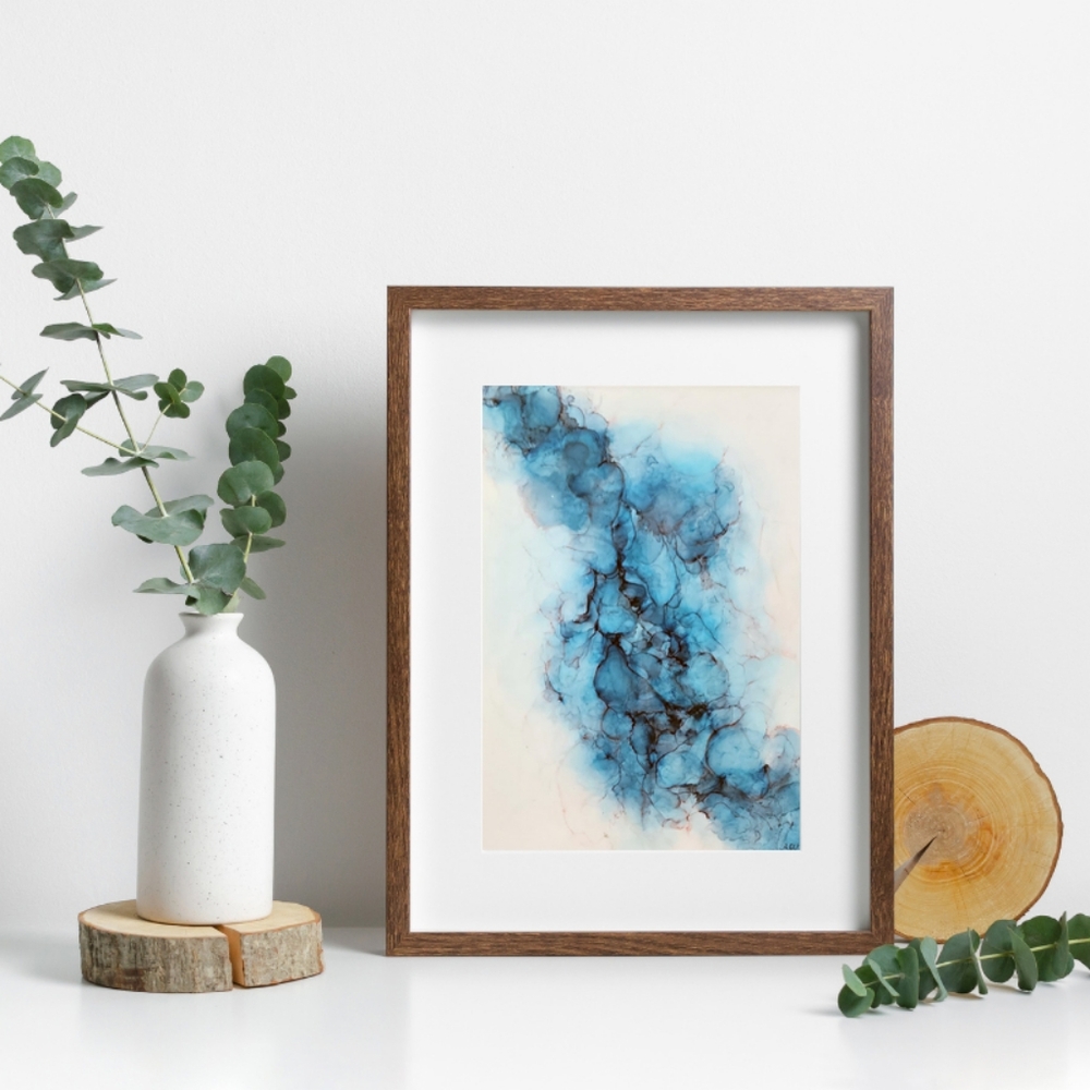Cerulean Storm - Original One of a Kind Alcohol Ink Painting with 11x14 Matboard